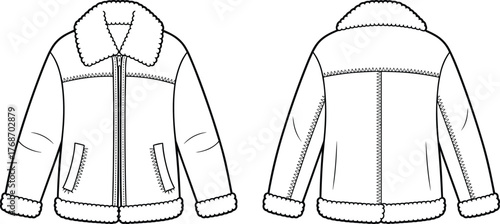 Shearling jacket, fashion sketch, front view, back view, zipper closure, fluffy collar, garment design, technical illustration, isolated, vector drawing