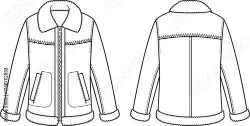 Shearling jacket, fashion sketch, front view, back view, fluffy collar, patch pockets, garment design, technical illustration, isolated, vector drawing
