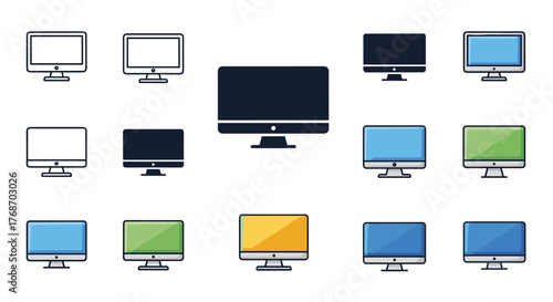 Collection of modern computer monitors and desktop screens in various colors and styles, including outlined, solid dark, blue, green, and yellow displays, representing technology and digital