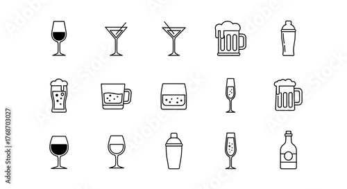 A collection of stylized line art icons representing various alcoholic and non-alcoholic beverages, including wine glasses, martini glasses, beer mugs, whiskey tumblers, champagne flutes, cocktail