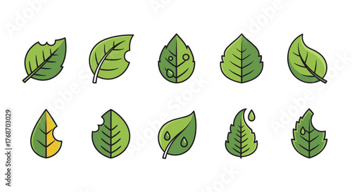 Collection of stylized green leaf icons, showcasing various natural elements like water droplets, insect bites, and a unique leaf shape resembling circuitry, perfect for environmental or