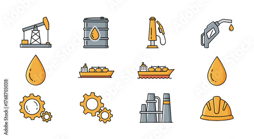 Collection of flat design icons representing the oil and gas industry, including a pump jack, oil barrel, gas pump, fuel nozzle, oil drop, oil tanker ships, gears, refinery, and hard hat, symbolizing