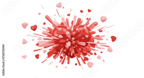 Explosion of vibrant red and pink hearts and liquid splashes emanating from a central heart shape, symbolizing love, passion, and celebration, against a stark black background, creating a dynamic and
