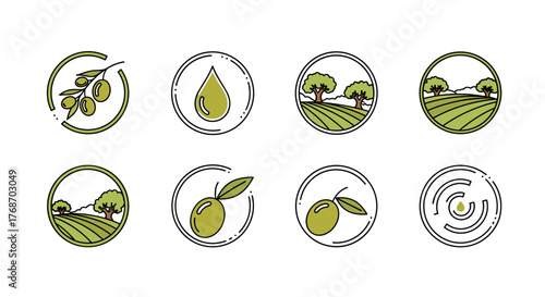 Set of eight circular icons representing olive cultivation and oil production, featuring olive branches, olive oil drops, olive groves, and stylized olive trees on rolling hills, perfect for food and