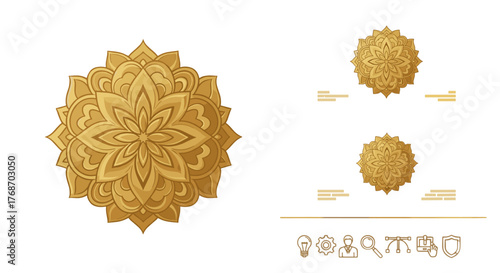 Golden mandala ornament with intricate floral patterns, symbolizing harmony and spirituality, presented on a black background alongside business card mockups and a set of business-related icons