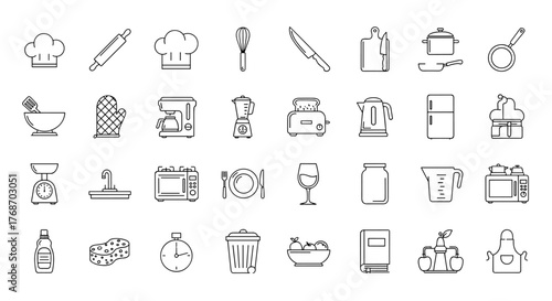 A comprehensive collection of kitchen utensil and appliance icons, presented in a clean, minimalist line art style on a black background, perfect for culinary websites, recipe apps, and food blogs.