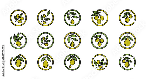 Collection of fifteen circular icons featuring olive branches with olives and olive oil drops, presented in a clean, modern, and minimalist line art style with yellow and green color accents on a