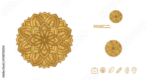 Golden mandala graphic design with intricate floral patterns and subtle wavy lines, presented alongside minimalist business card mockups and a set of elegant icons including a briefcase, flower