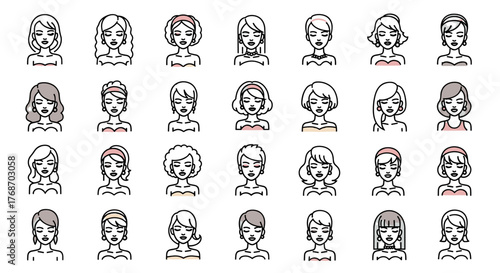 Collection of diverse female avatars with varied hairstyles, makeup, and accessories, presented in a clean, modern, outline-style illustration on a black background, perfect for digital profiles and