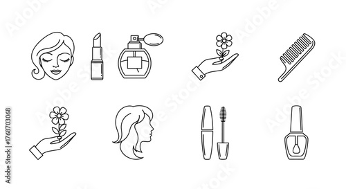 A collection of eight simple line art icons representing beauty and personal care products, including lipstick, perfume bottle, hairbrush, comb, nail polish bottles, and a hand holding a flower, all