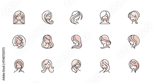 Collection of stylized female portraits with diverse hairstyles and subtle blush tones, presented as minimalist line art icons on a stark black background, perfect for beauty, fashion, and salon