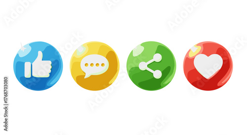 Vivid 3D rendered social media icons including a blue thumbs up for like, a yellow speech bubble for comments, a green share icon, and a red heart for love, all presented on a black background with