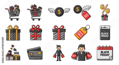Collection of Black Friday icons and illustrations, featuring shopping carts filled with gifts, gift boxes, flying coins with tags, sale tags, credit cards, percentage signs, and smiling people