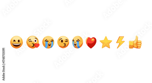 A collection of popular emojis and icons displayed in a horizontal line against a black background, featuring a smiling face with open mouth, a winking face with heart eyes, a crying face, a red
