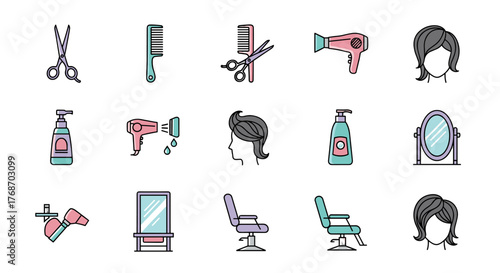 A vibrant collection of flat design icons representing essential hair salon and barber shop tools and services, including scissors, combs, hair dryers, shampoo bottles, mirrors, and styling chairs