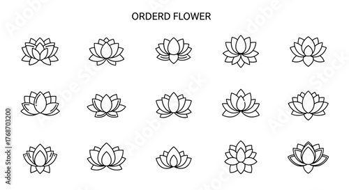 Collection of stylized lotus flower outlines in white on a black background, representing purity, enlightenment, and rebirth. These elegant floral icons are perfect for designs related to