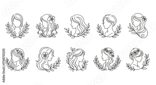 Collection of ten elegant line art illustrations of female profiles adorned with laurel wreaths and floral elements, presented in a clean, minimalist white outline on a black background, perfect for