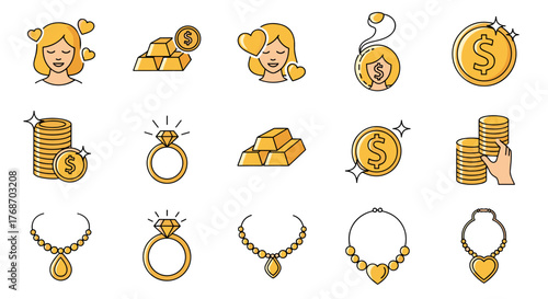 Collection of golden icons representing wealth, luxury, and financial prosperity, including stacks of coins, gold bars, diamond rings, and elegant necklaces, perfect for business and finance themes.