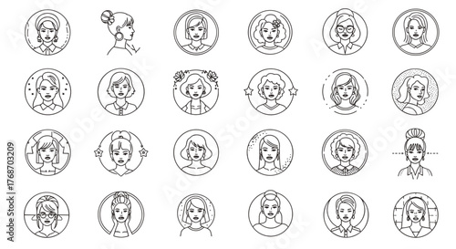 A diverse collection of 24 circular line art icons representing women's avatars, each with unique hairstyles, facial features, and subtle decorative elements, perfect for user profiles, social media