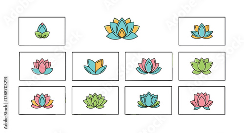 Collection of stylized lotus flower icons in various color palettes and stages of bloom, representing tranquility, spirituality, and natural beauty, perfect for wellness, yoga, and spa branding.