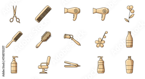 A collection of flat design icons representing hair salon and beauty treatment tools and products, including scissors, combs, hair dryers, brushes, curlers, hair straighteners, shampoo bottles, and