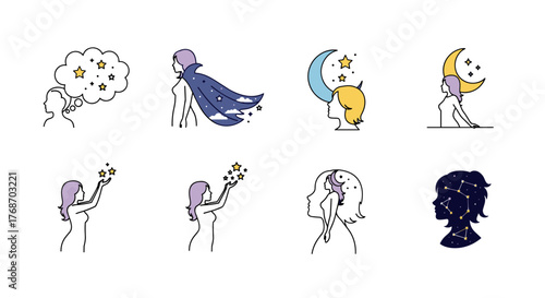 Collection of eight stylized vector illustrations depicting human profiles interacting with celestial elements like stars, constellations, and the moon, symbolizing dreams, aspirations, and cosmic