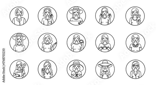 Collection of 15 diverse female avatars in circular frames, depicted with white line art on a black background, showcasing various activities and styles, perfect for user profiles and digital