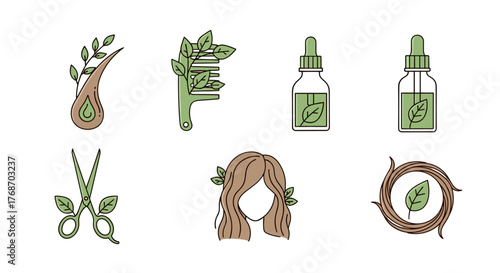 Set of icons representing natural hair care and organic beauty treatments, featuring a hair strand with a leaf, a comb with foliage, essential oil bottles, scissors, a woman's hairstyle adorned with