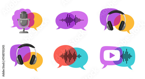 Collection of six flat design icons representing audio and video communication, including a vintage microphone, headphones, sound waves within speech bubbles, and a play button icon, all on a black