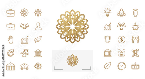 Collection of golden outline icons representing business, finance, and lifestyle concepts, set against a black background, featuring a central floral mandala and a white card with a smaller mandala