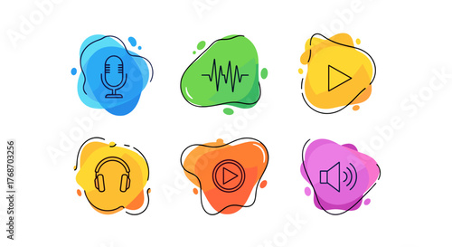 Set of six vibrant, abstract, liquid-style icons representing audio and media functions: a microphone for recording, a sound wave for audio visualization, a play button for playback, headphones for