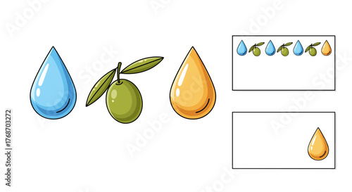 A visual representation of olive oil production, showcasing a clear water droplet, a ripe green olive on a branch with leaves, and a golden droplet of olive oil, symbolizing purity, natural