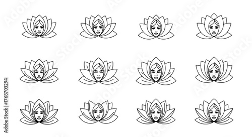 Seamless pattern of stylized lotus flowers with serene female faces emerging from their centers, rendered in a minimalist white outline on a black background, evoking themes of spirituality, beauty
