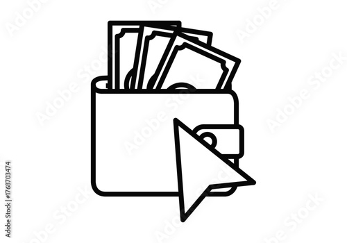 Icono negro de cartera con billetes y cursor 