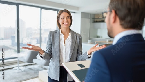 Professional Woman Giving Presentation in Modern Office During Daylight Hours