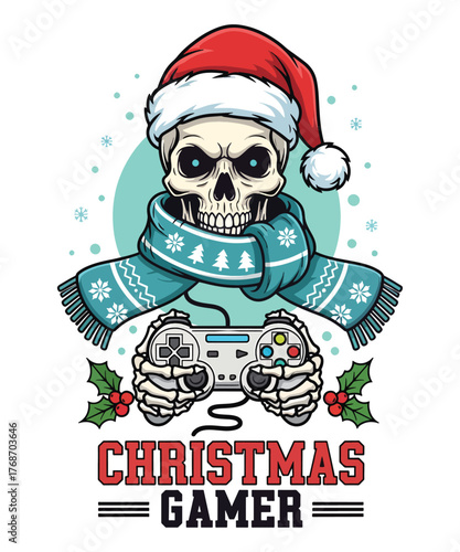 Christmas Gamer Skeleton with Santa Hat and Controller
