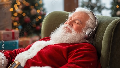 Santa Relaxing With Headphones in a Festive Living Room During the Holiday Se...