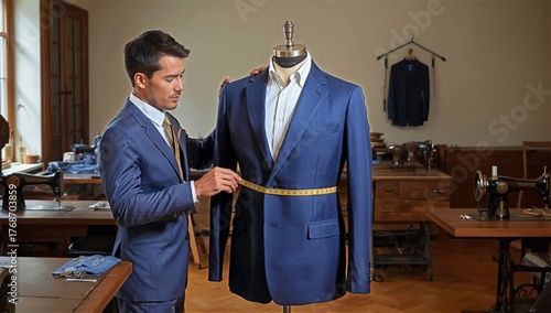 Tailor Measuring a Suit Jacket in a Custom Clothing Workshop During the Day