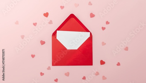 Decorative Red Envelope With Blank Letter Surrounded by Small Hearts on Pink ...