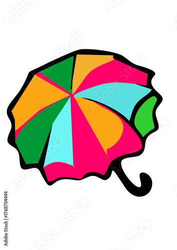 Vector illustration of colorful umbrella in pop art style, bright vibrant tones, representing summer rain and retro fashion, with copy space