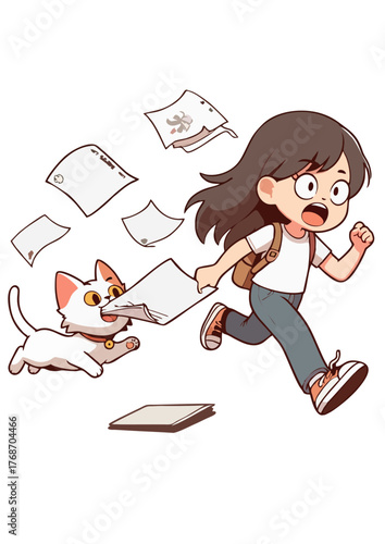 Illustration of an annoyed girl running away from a white cat interrupting her homework, colorful cartoon style, playful and humorous concept