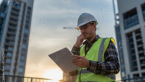 Construction Worker Using Tablet for Project Management at Sunset in Urban Area