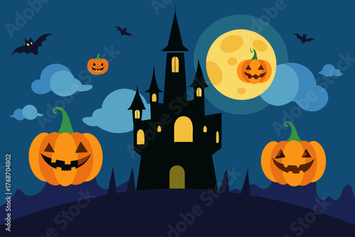 cute spooky train crossing moonlit valley on transparent background