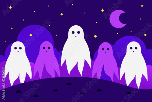 ghost parade under starry purple halloween sky on transparent background