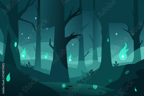 ghost forest shining with bioluminescent fog on transparent background