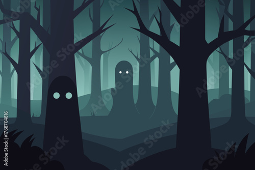 ghost shadows dancing through fog forest on transparent background