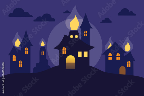 ghost village glowing with flickering candles on transparent background