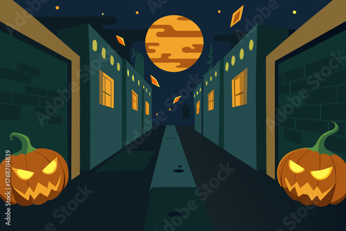 haunted alley full of pumpkin graffiti and lights on transparent background
