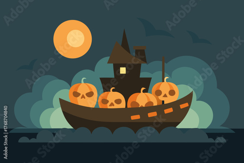 haunted boat floating through pumpkin mist on transparent background
