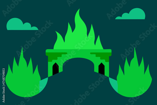 haunted bridge floating above green fire river on transparent background